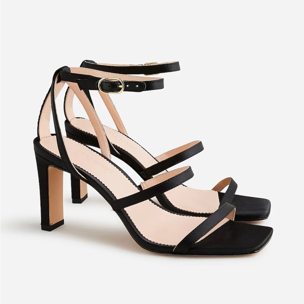 NWOT J. Crew Ava Black Satin Strappy Block Heel Sandals
